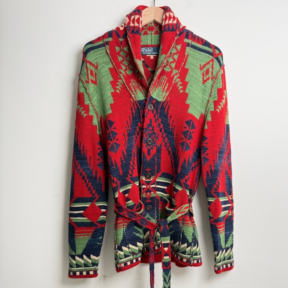 Polo Ralph Lauren Southwestern Shawl Collar Cardigan Belted Navajo Knit Jacket S - Picture 2 of 12